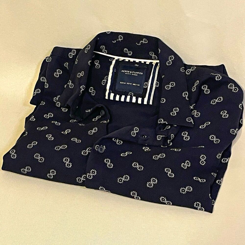 Denim & Flower Ricky Singh Men's M Navy/White Floral Viscose Button-Up Shirt